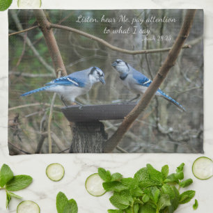 Listening Blue Jays with verse from Isaiah Tea Towel