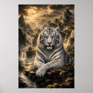 Listening to the Waterfall White Tiger Fantasy A Poster