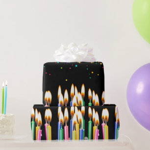 Lit Birthday Candles With Confetti Wrapping Paper