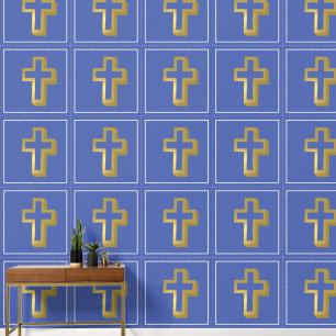 Lit Golden Cross Christian Iris Blue Squares Wallpaper