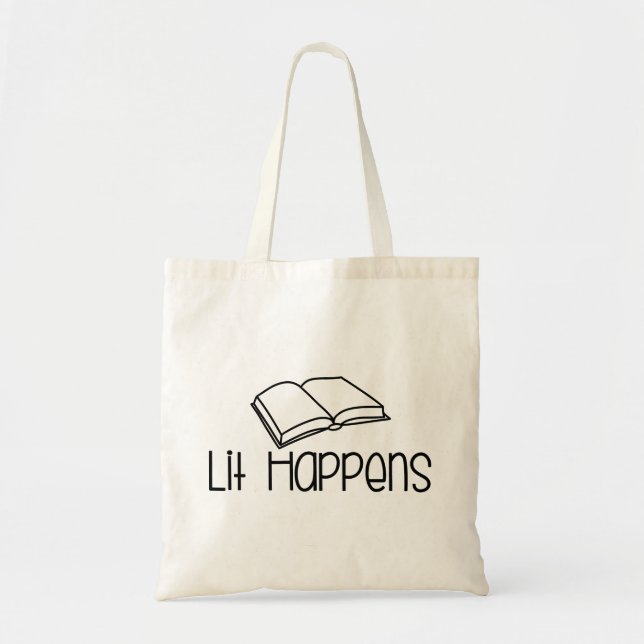 Lit Happens Funny Book Lover Tote Bag (Front)