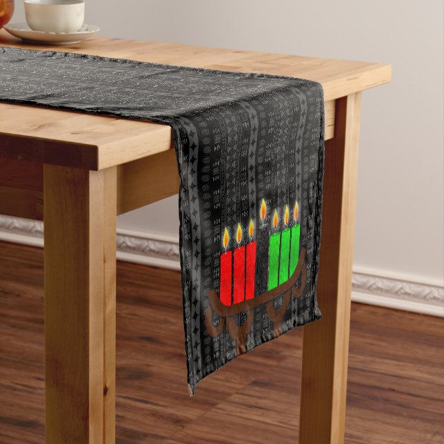 Lit Kinara Kwanzaa with Black, Red and Green Short Table Runner (In Situ)