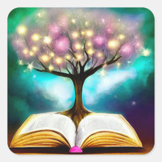Lit Tree & Open Book Square Sticker