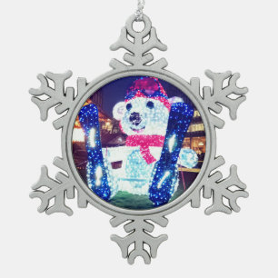 Lit up bear snowflake pewter christmas ornament