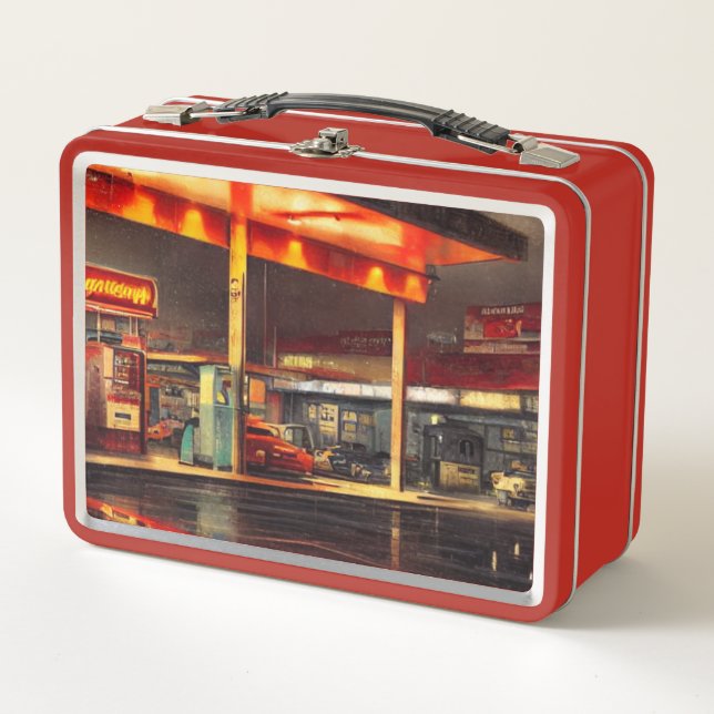 Lit Up Gas Station 1950s Metal Lunch Box (Front)