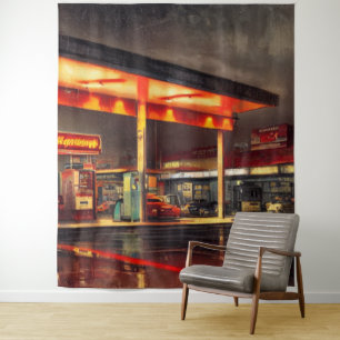 Lit Up Gas Station 1950s Tapestry