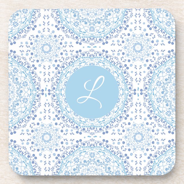 Lite blue monogram mandala coaster (Front)