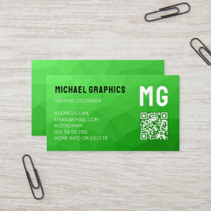 Lite green geometric mesh pattern QR code Monogram Business Card
