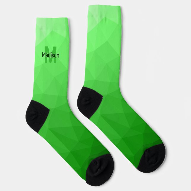 Lite green gradient geometry mesh pattern Monogram Socks (Right)