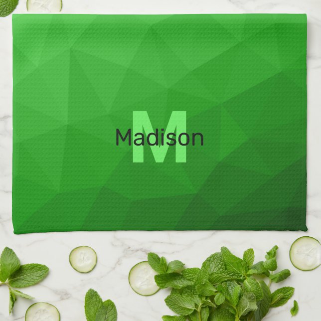 Lite green gradient geometry mesh pattern Monogram Tea Towel (Folded)