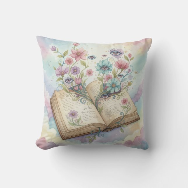 Literary Bloom: Open Book & Wildflower Psychedelic Cushion (Front)