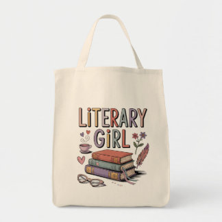 Literary Girl Grocery Tote Bag, Book Lover Tote Bag