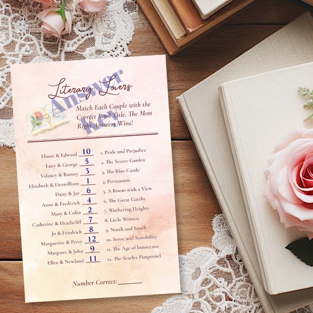 Literary Lovers Bridal Shower Game Answer Key (Answer Key for Literary Lovers Bridal Shower Quiz)