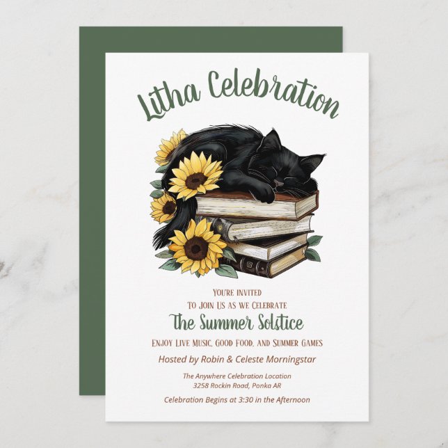 Litha Summer Solstice Sunflower Cat & Books Invitation (Front/Back)