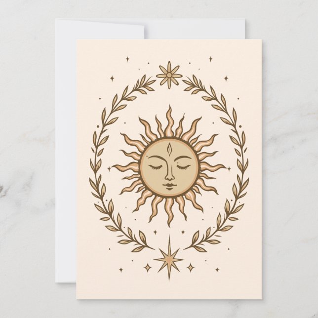 Litha Sun Face Botanical Wreath Celestial Art Card (Front)