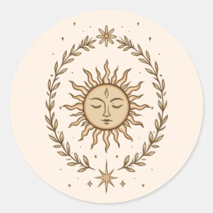 Litha Sun Face Botanical Wreath Celestial Art Classic Round Sticker