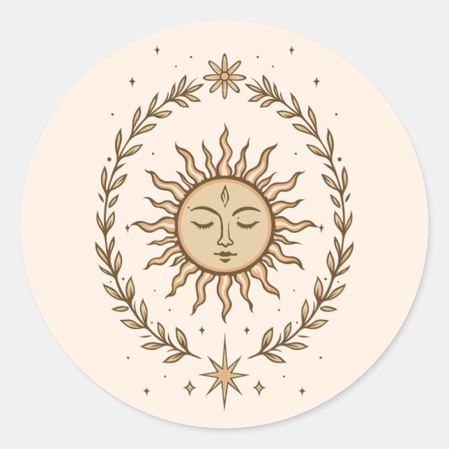 Litha Sun Face Botanical Wreath Celestial Art Classic Round Sticker (Front)