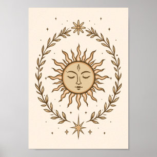 Litha Sun Face Botanical Wreath Celestial Art Poster