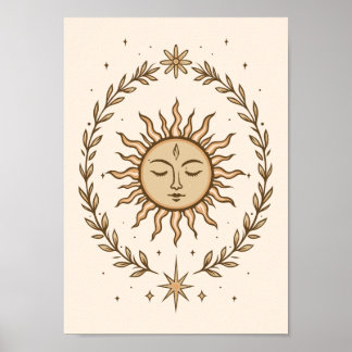 Litha Sun Face Botanical Wreath Celestial Art Poster
