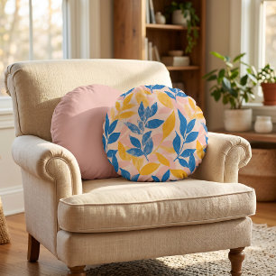 Lithograph Blue Yellow pink fun botanical leafy Round Cushion