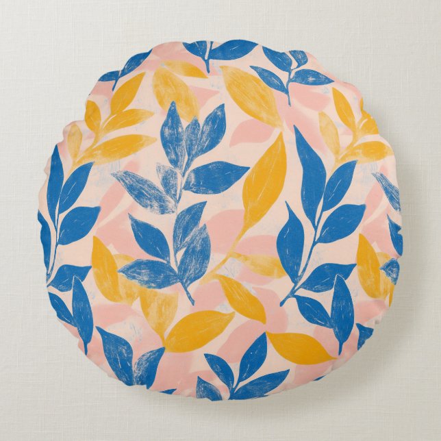 Lithograph Blue Yellow pink fun botanical leafy Round Cushion (Front)