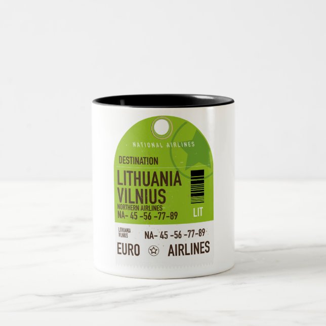 Lithuania Vilnius airliner travel ticket Two-Tone Coffee Mug (Center)