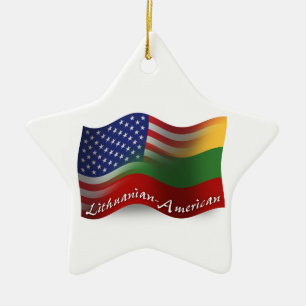 Lithuanian-American Waving Flag Ceramic Tree Decoration