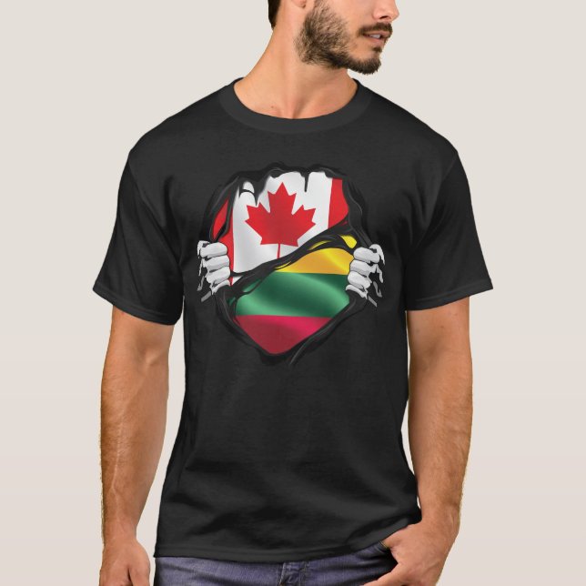 Lithuanian Canadian Hands Ripped Roots Flag T-Shirt (Front)