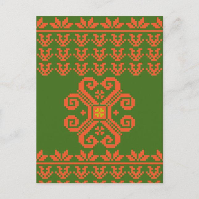 Lithuanian Green and Orange folk art pattern Postcard (Front)