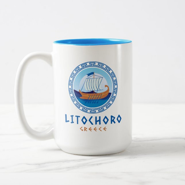 Litochoro, Greece Greek Ship Design Two-Tone Coffee Mug (Left)