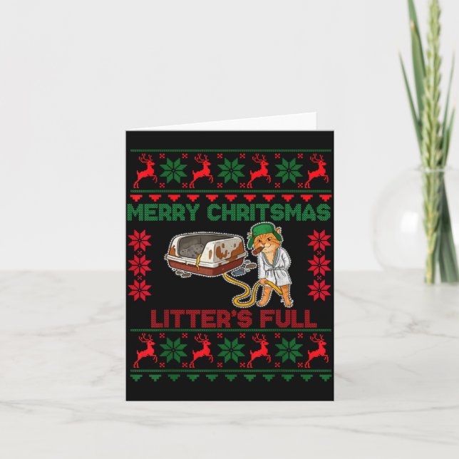 Litter's Full Merry Christmas Funny Cat Lover Ugly Card (Front)