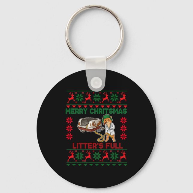Litter's Full Merry Christmas Funny Cat Lover Ugly Key Ring (Front)