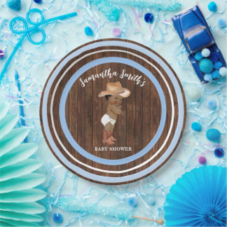 Little AA Baby Cowboy Western Blue Baby Shower Paper Plate
