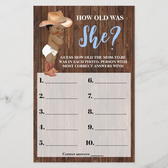 Little AA Cowboy How old was She Baby Shower Game Flyer (Front)