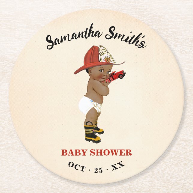 Little AA Firefighter Baby Shower Round Paper Coaster (Front)
