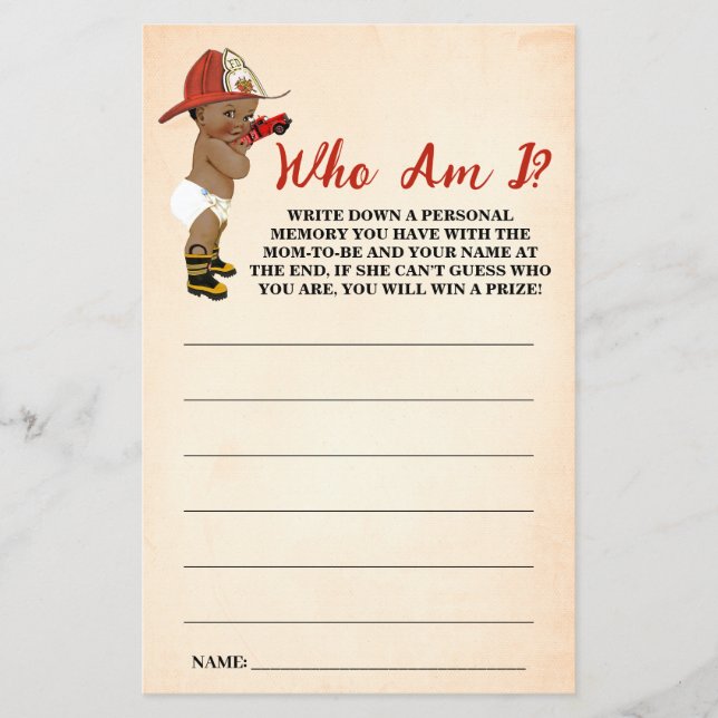 Little AA Fireman Who am I Baby Shower Game Card (Front)