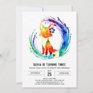 Little Adorable Fox Digital Girl Birthday Invitation