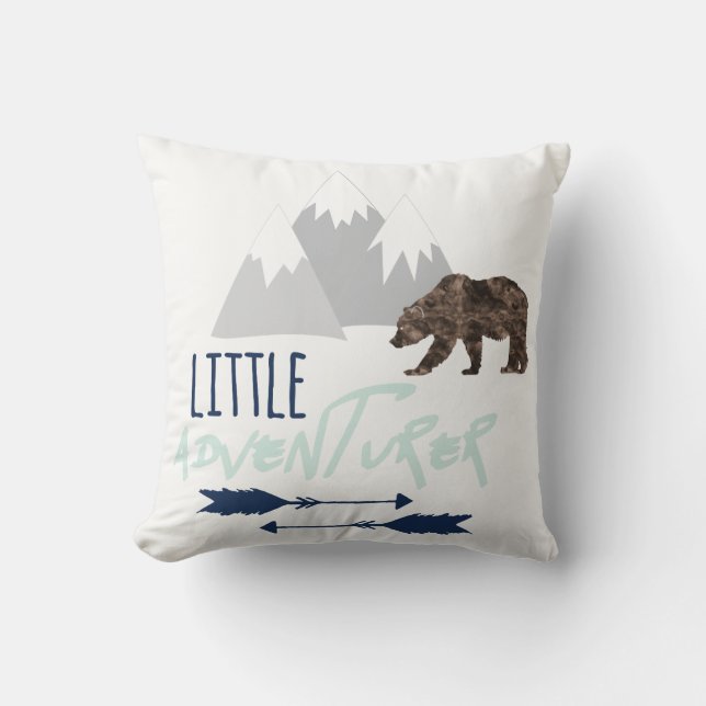 Little Adventurer in Navy Grey and Aqua Mist Cushion (Front)