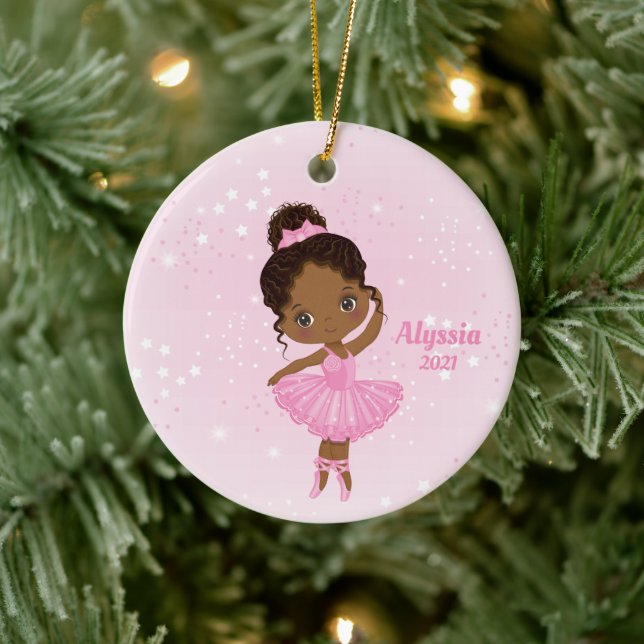 Little African American Ballerina Round Ornament  (Tree)