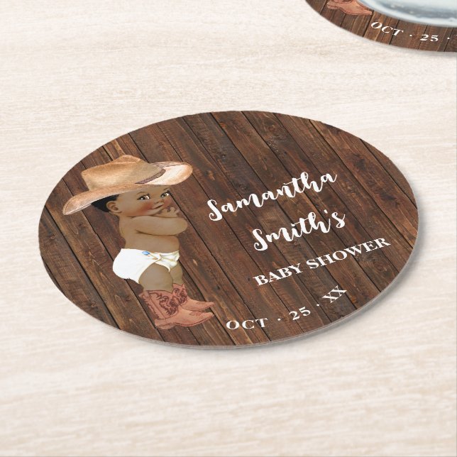 Little African American Cowboy Western Baby Shower Round Paper Coaster (Angled)