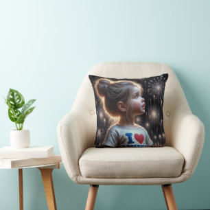 Little American Girl Watching Fireworks Cushion