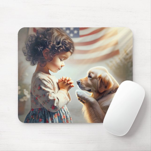 Little American Girl With Dog Praying Mouse Pad (With Mouse)