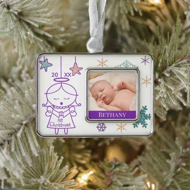 Little Angel Baby's First Christmas Photo Silver Plated Framed Ornament (Tree)