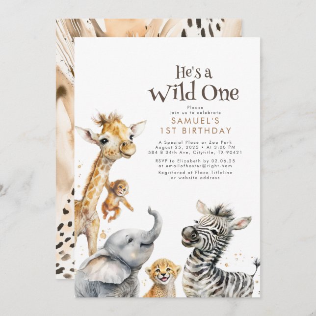 Little Animals Jungle Safari Wild One 1st Birthday Invitation (Front/Back)