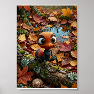 Little Ant Autumn Log Fallen Leaves Woodland Poster