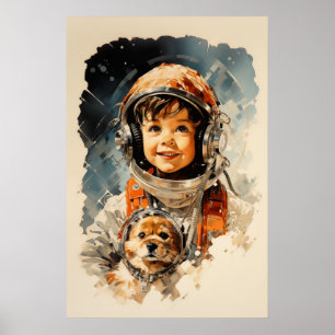Little astronaut boy and dog poster
