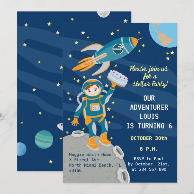 Little astronaut  boy dreams Birthday Party Invitation (Front/Back)