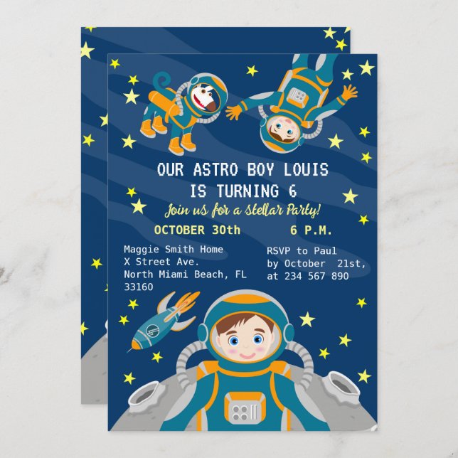 Little astronaut  boy dreams Birthday Party Invitation (Front/Back)