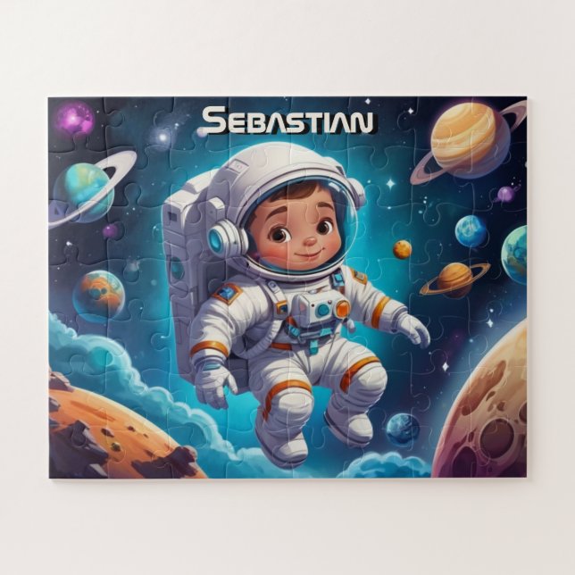 Little Astronaut Boy in Solar System Personalised Jigsaw Puzzle (Horizontal)