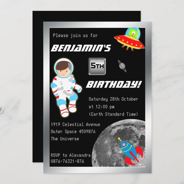 Little Astronaut in Outer Space Birthday Invitation (Front/Back)